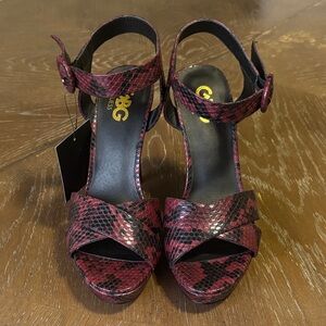 GBG Guess Jorgi platform red & black snakeskin print ankle strap stiletto heel